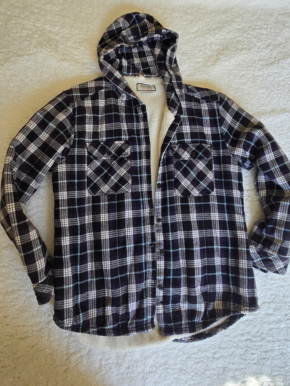 Boston Traders Sherpa Lined Plaid Hooded Flannel Jacket Size L Y2k